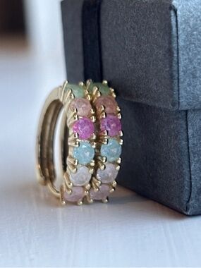 NWT Gold Plated Multicolor Gemstone Hoop Earrings Pastel Rainbow Huggie Hoops